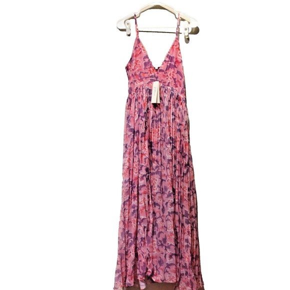 Rococo Sand Lei M maxi dress Pink deep plunge pleated flowy resort - Picture 3 of 12